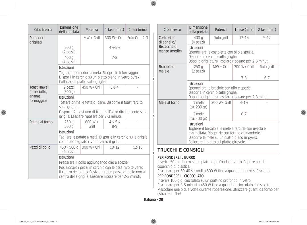 Samsung GE83M/XET manual Trucchi E Consigli, PER Fondere IL Burro, PER Fondere IL Cioccolato 