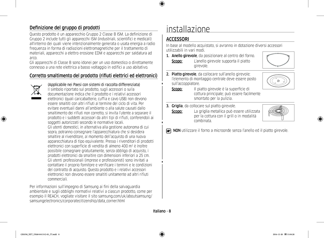 Samsung GE83M/XET manual Installazione, Accessori 