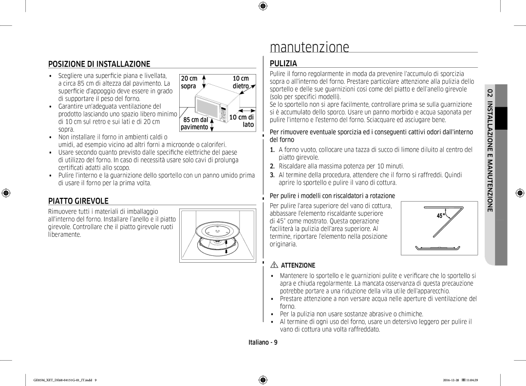 Samsung GE83M/XET manual Manutenzione, Posizione DI Installazione Pulizia, Piatto Girevole, Attenzione 