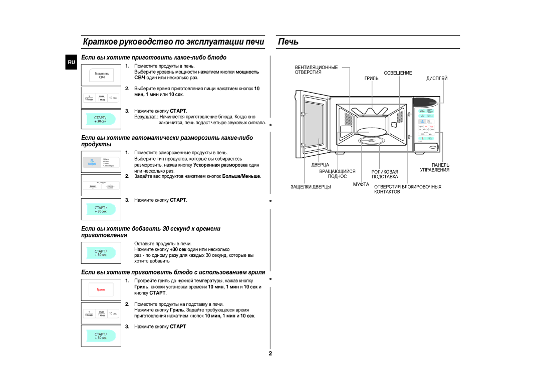 Samsung GE83UR/BWT manual Печь, Краткое руководство по эксплуатации печи, Мин , 1 мин или 10 сек, Нажмите кнопку Ctapt 