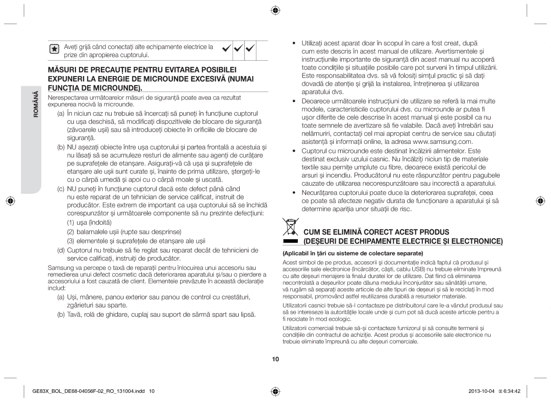 Samsung GE83X/BOL manual Aplicabil în țări cu sisteme de colectare separate 