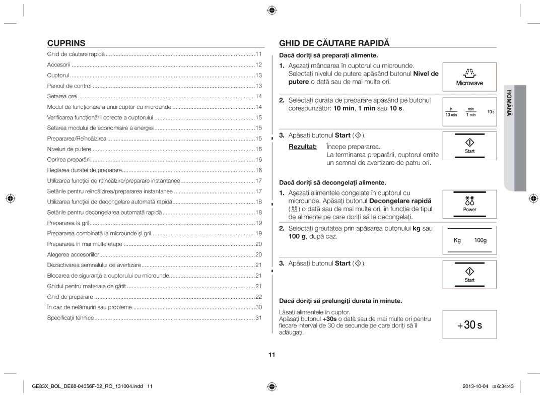 Samsung GE83X/BOL manual Cuprins, Ghid de căutare rapidă, Apăsaţi butonul Start Rezultat Începe prepararea 