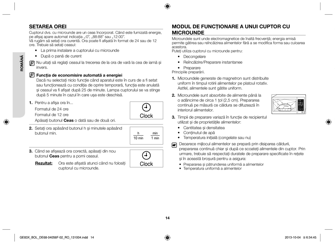 Samsung GE83X/BOL manual Setarea orei, Modul de funcţionare a unui cuptor cu microunde, Principiile preparării 