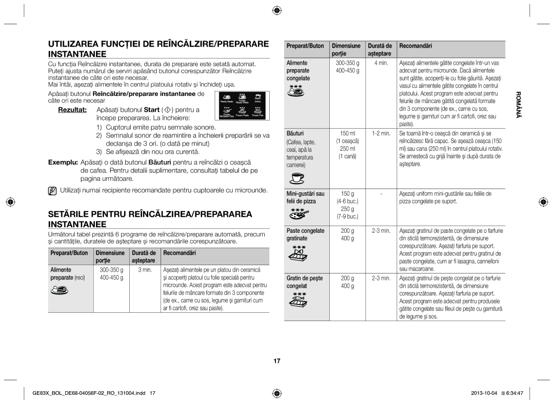 Samsung GE83X/BOL manual Utilizarea funcţiei de reîncălzire/preparare instantanee, Recomandări, Porţie Aşteptare 