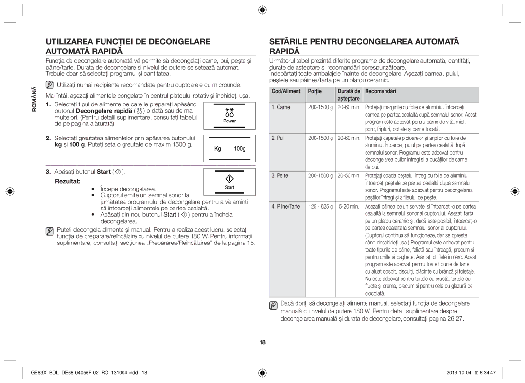 Samsung GE83X/BOL manual Utilizarea funcţiei de decongelare automată rapidă, Setările pentru decongelarea automată rapidă 