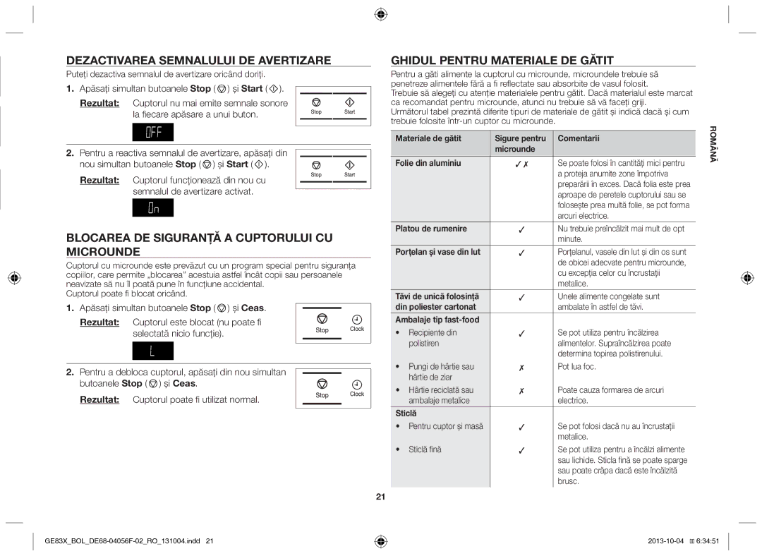 Samsung GE83X/BOL manual Dezactivarea semnalului de avertizare, Blocarea de siguranţă a cuptorului cu microunde 