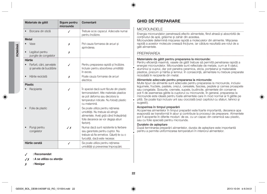 Samsung GE83X/BOL manual Ghid de preparare, Microundele, Prepararea 