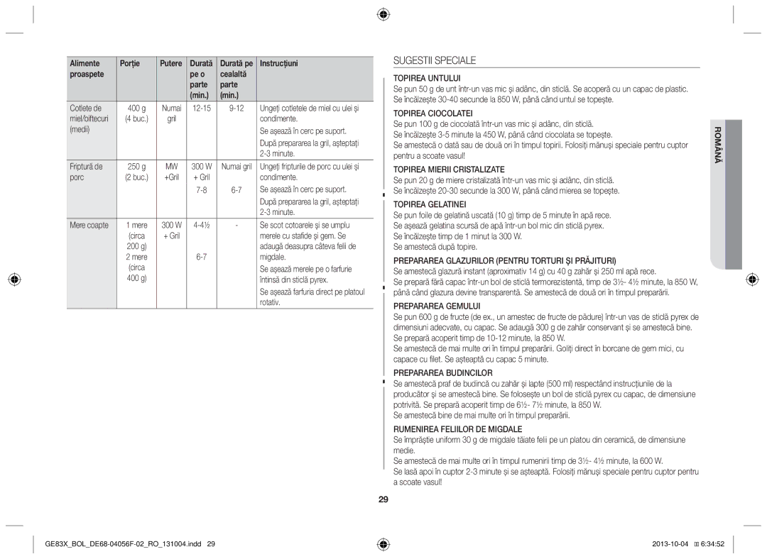 Samsung GE83X/BOL manual Sugestii Speciale 