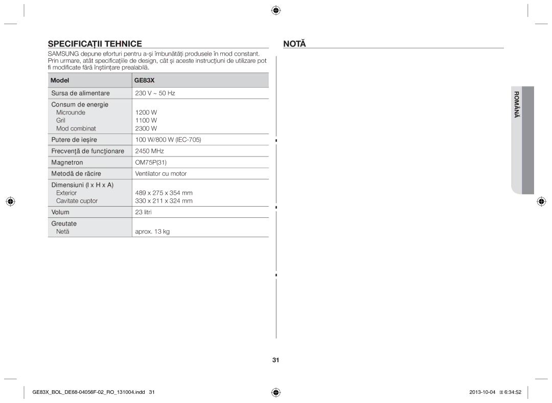 Samsung GE83X/BOL manual Specificaţii tehnice, Fi modificate fără înştiinţare prealabilă 