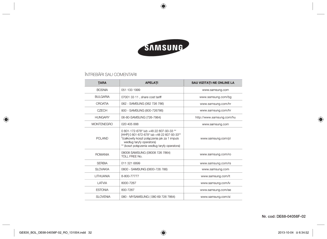 Samsung GE83X/BOL manual Nr. cod DE68-04056F-02 