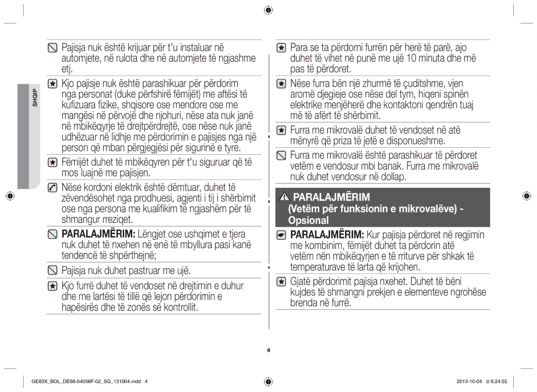 Samsung GE83X/BOL manual Pajisja nuk duhet pastruar me ujë, Paralajmërim 