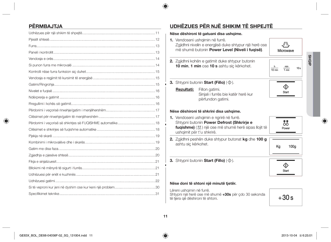 Samsung GE83X/BOL manual Përmbajtja, Udhëzues për një shikim të shpejtë, Vendoseni ushqimin në furrë 