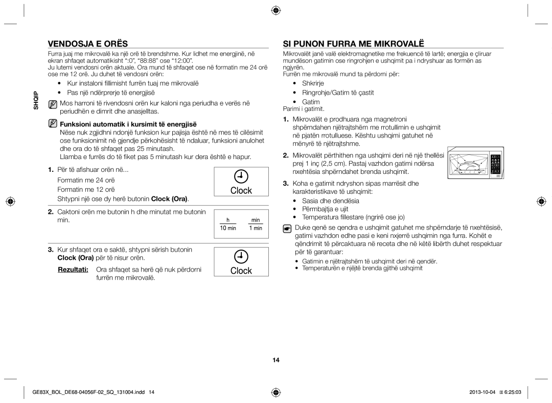 Samsung GE83X/BOL manual Vendosja e orës, Si punon furra me mikrovalë, Funksioni automatik i kursimit të energjisë 