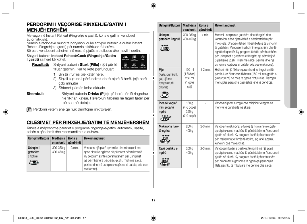 Samsung GE83X/BOL manual Përdorimi i veçorisë rinxehje/gatim i menjëhershëm, Cilësimet për rinxehje/gatim të menjëhershëm 