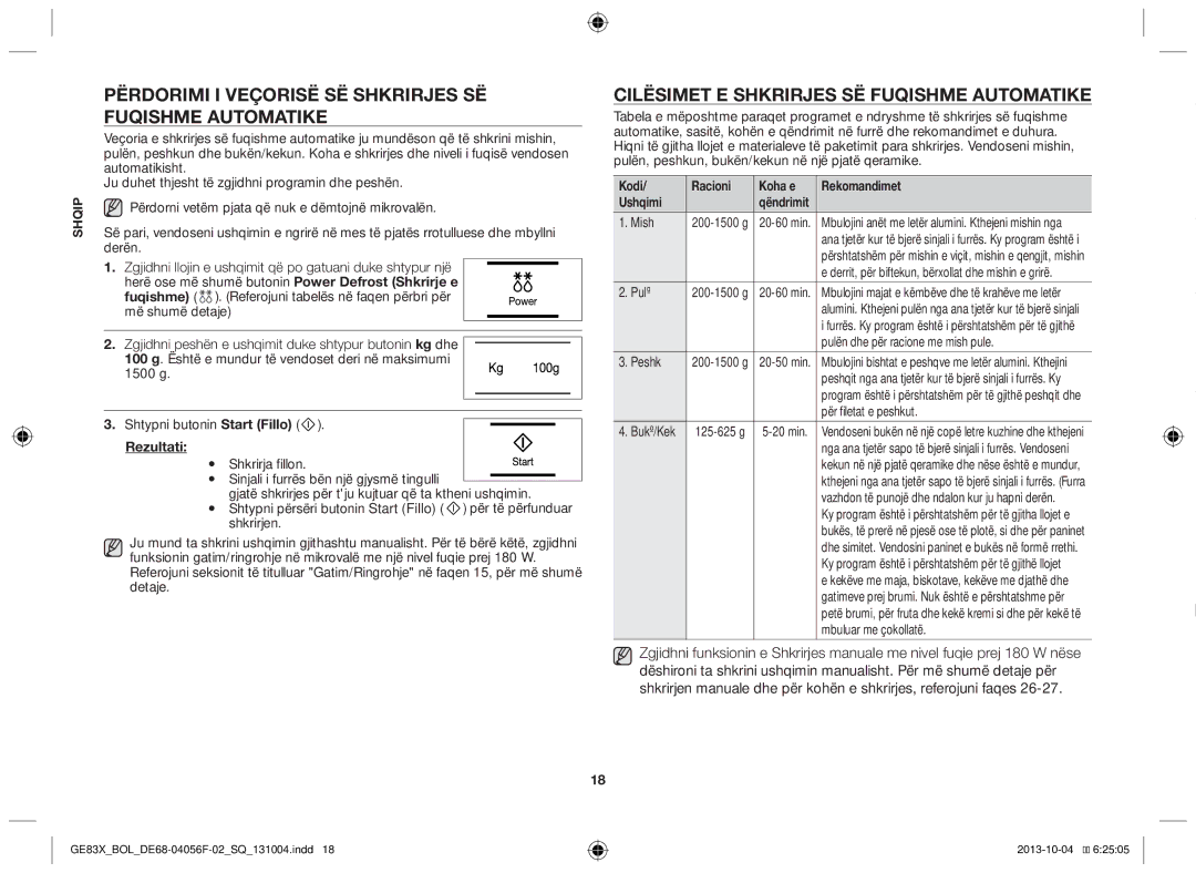 Samsung GE83X/BOL Përdorimi i veçorisë së shkrirjes së Fuqishme automatike, Cilësimet e shkrirjes së fuqishme automatike 