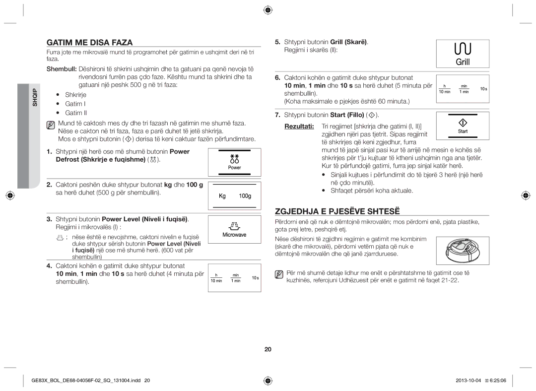 Samsung GE83X/BOL manual Gatim me disa faza, Zgjedhja e pjesëve shtesë, Regjimi i mikrovalës 