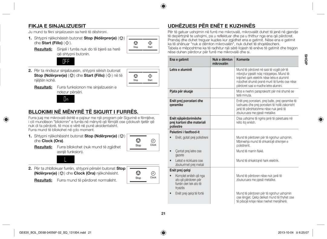 Samsung GE83X/BOL manual Fikja e sinjalizuesit, Bllokimi në mënyrë të sigurt i furrës, Udhëzuesi për enët e kuzhinës 