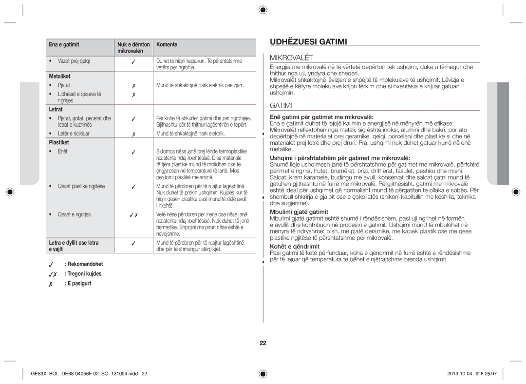 Samsung GE83X/BOL manual Udhëzuesi gatimi, Mikrovalët, Gatimi 