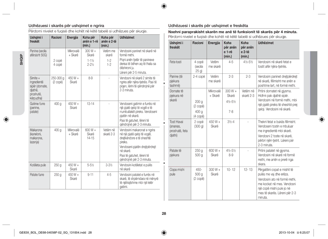 Samsung GE83X/BOL manual Udhëzuesi i skarës për ushqimet e ngrira, Udhëzuesi i skarës për ushqimet e freskëta 