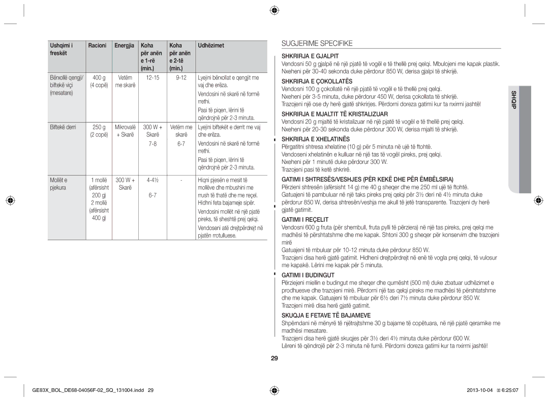 Samsung GE83X/BOL manual Sugjerime Specifike 