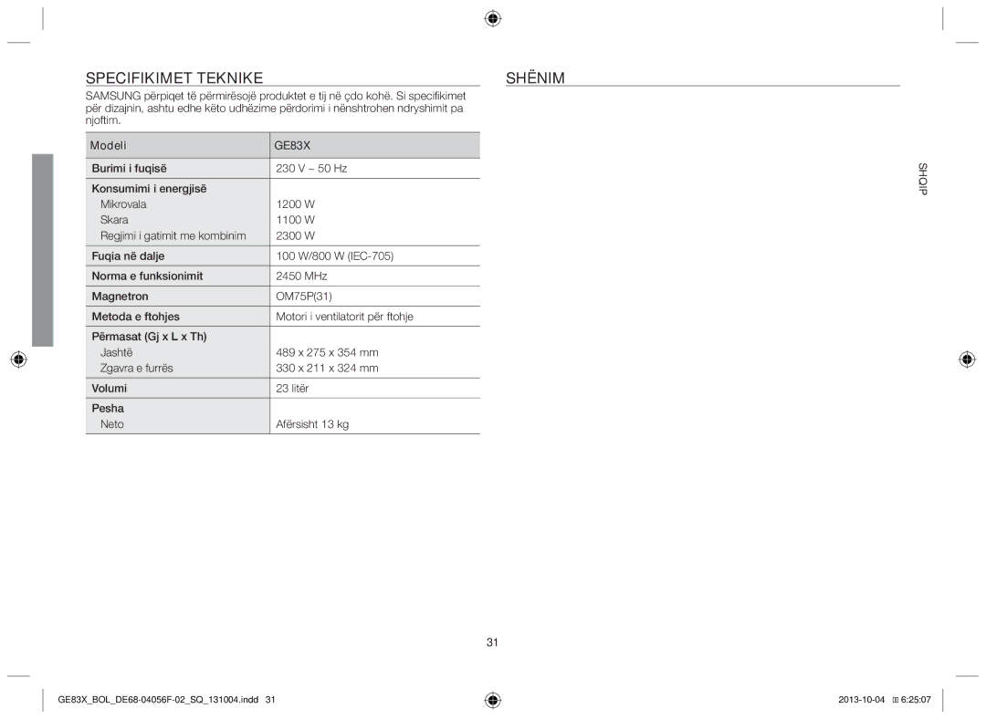 Samsung GE83X/BOL manual Specifikimet teknikeSHËNIM, Modeli 