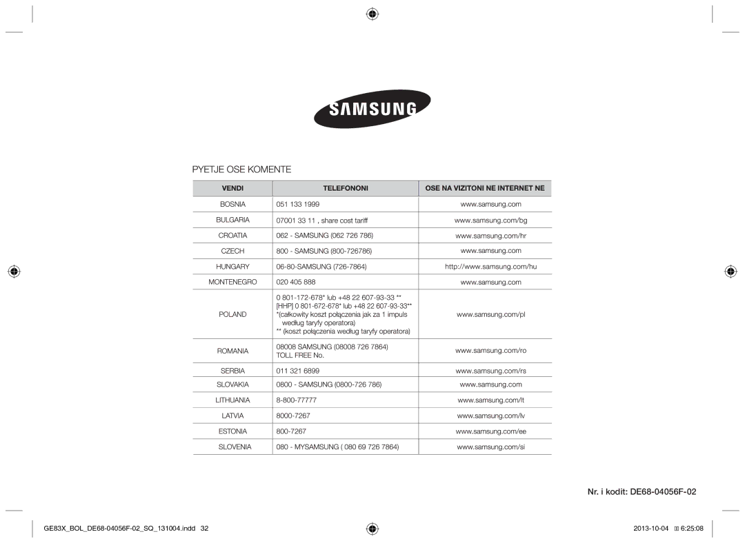 Samsung GE83X/BOL manual Nr. i kodit DE68-04056F-02 