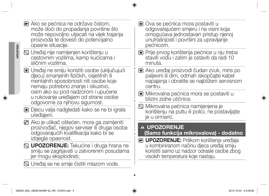 Samsung GE83X/BOL manual Samo funkcija mikrovalova dodatno 