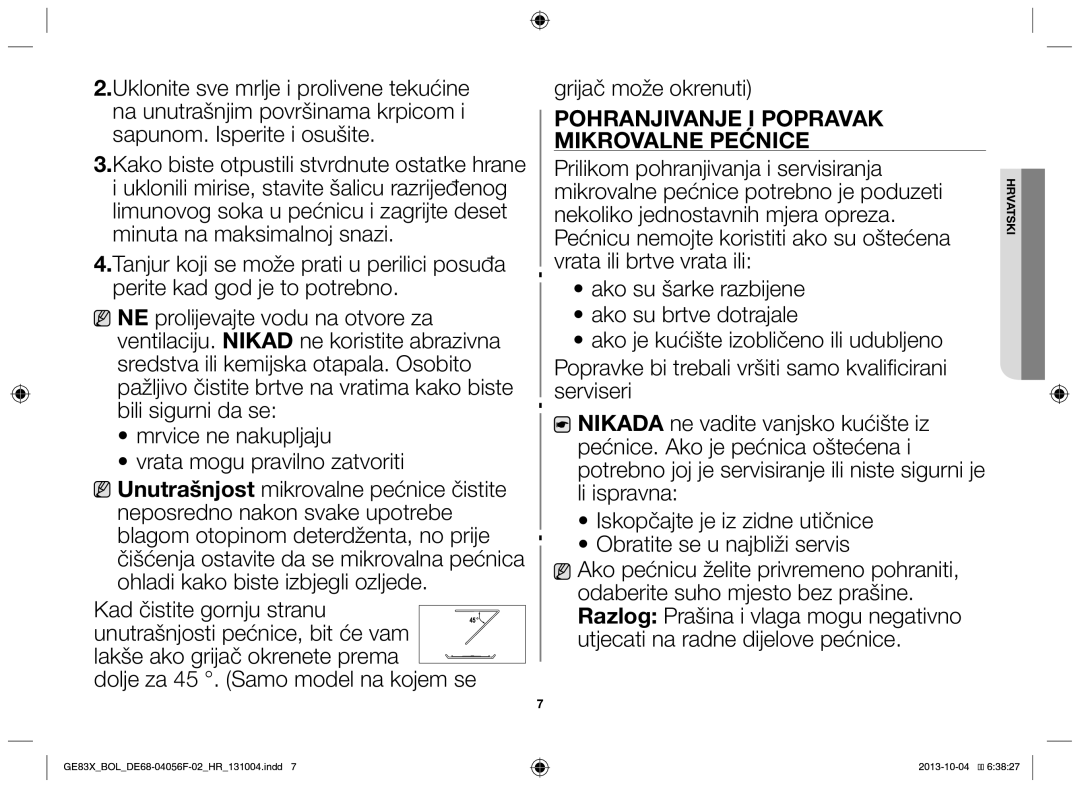 Samsung GE83X/BOL manual Pohranjivanje i popravak mikrovalne pećnice 