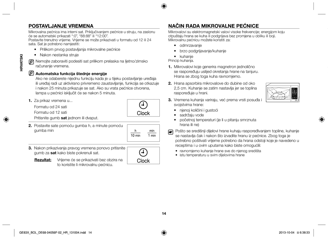 Samsung GE83X/BOL manual Postavljanje vremena, Način rada mikrovalne pećnice, Automatska funkcija štednje energije 