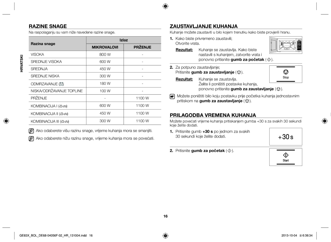 Samsung GE83X/BOL manual Razine snage, Zaustavljanje kuhanja, Prilagodba vremena kuhanja, Pritisnite gumb za zaustavljanje 