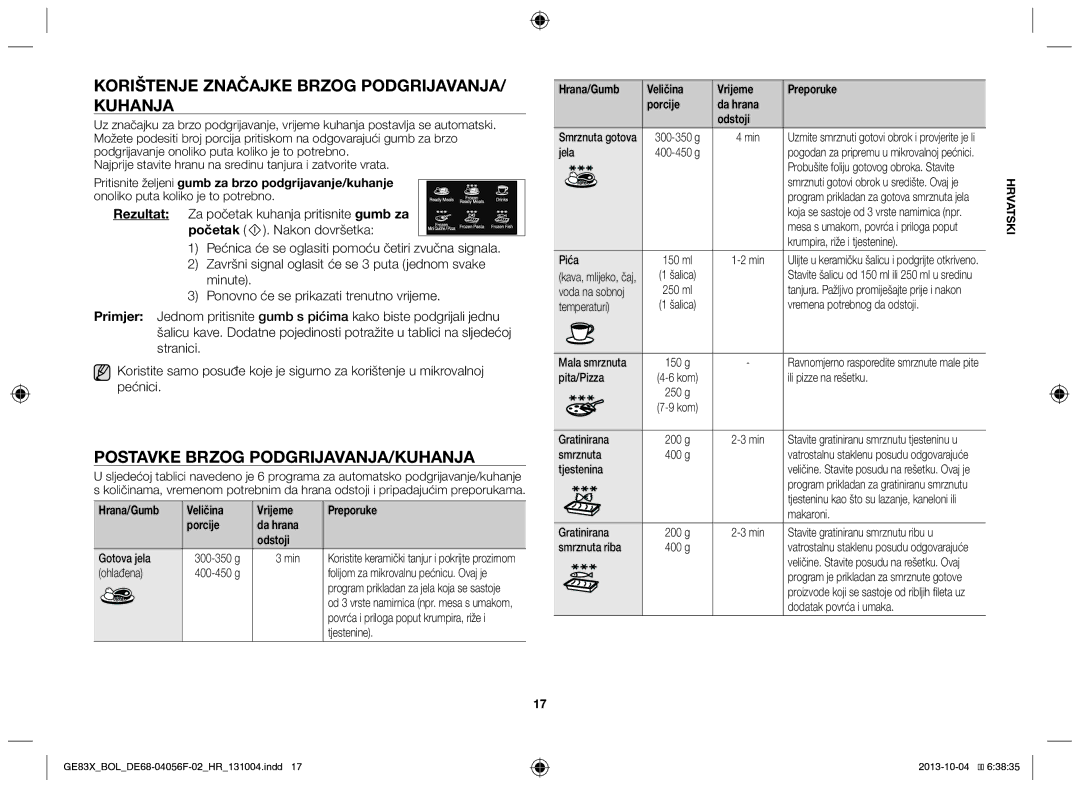 Samsung GE83X/BOL manual Korištenje značajke brzog podgrijavanja/ kuhanja, Postavke brzog podgrijavanja/kuhanja, Ohlađena 