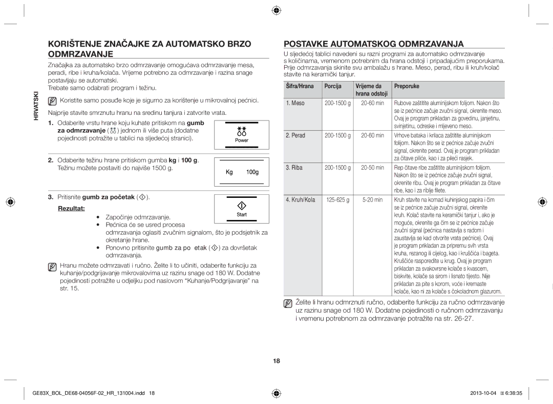 Samsung GE83X/BOL manual Korištenje značajke za automatsko brzo odmrzavanje, Pritisnite gumb za početak Rezultat 