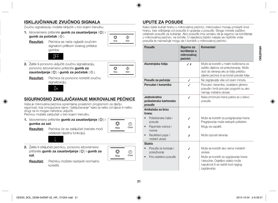 Samsung GE83X/BOL manual Sigurnosno zaključavanje mikrovalne pećnice, Upute za posuđe, Gumb za početak, Gumba za sat 