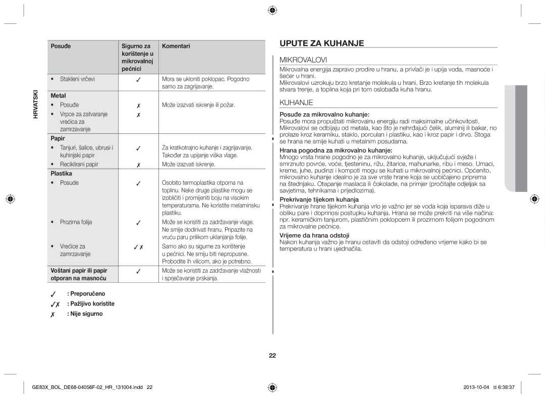 Samsung GE83X/BOL manual Upute za kuhanje, Mikrovalovi, Kuhanje 