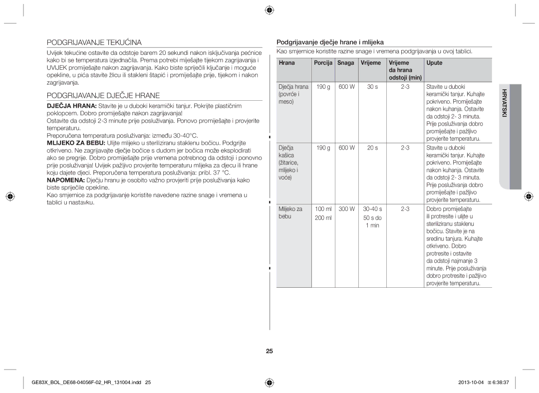 Samsung GE83X/BOL manual Podgrijavanje Tekućina, Podgrijavanje Dječje Hrane, Podgrijavanje dječje hrane i mlijeka 