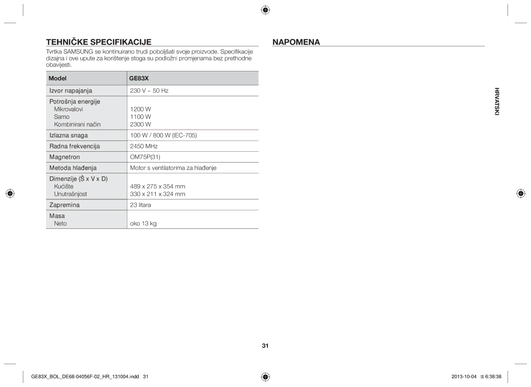 Samsung GE83X/BOL manual Tehničke specifikacije, Obavijesti 