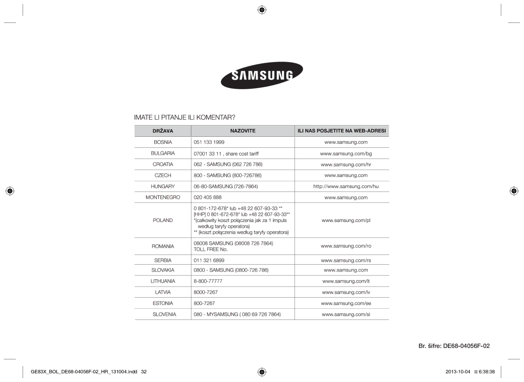 Samsung GE83X/BOL manual Br. šifre DE68-04056F-02 