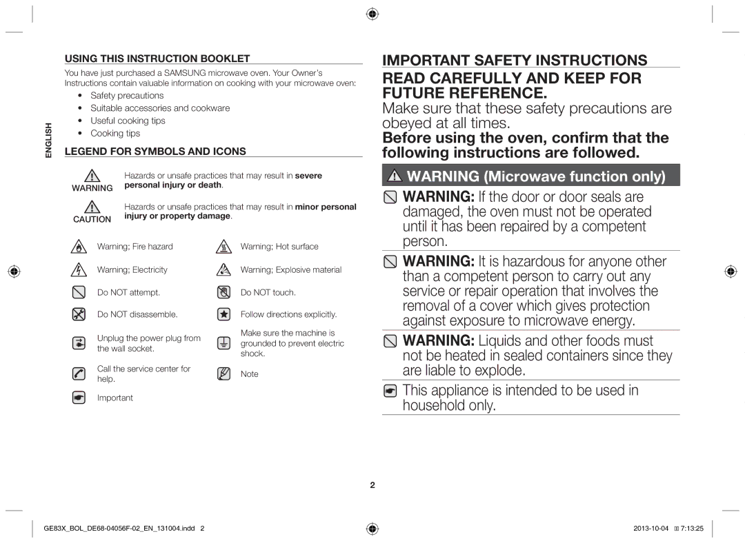 Samsung GE83X/BOL manual This appliance is intended to be used in household only, Personal injury or death 