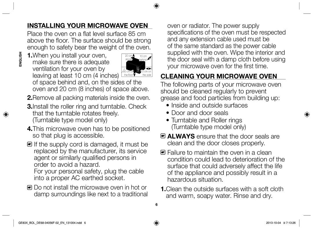 Samsung GE83X/BOL manual Installing your microwave oven, Cleaning your microwave oven 