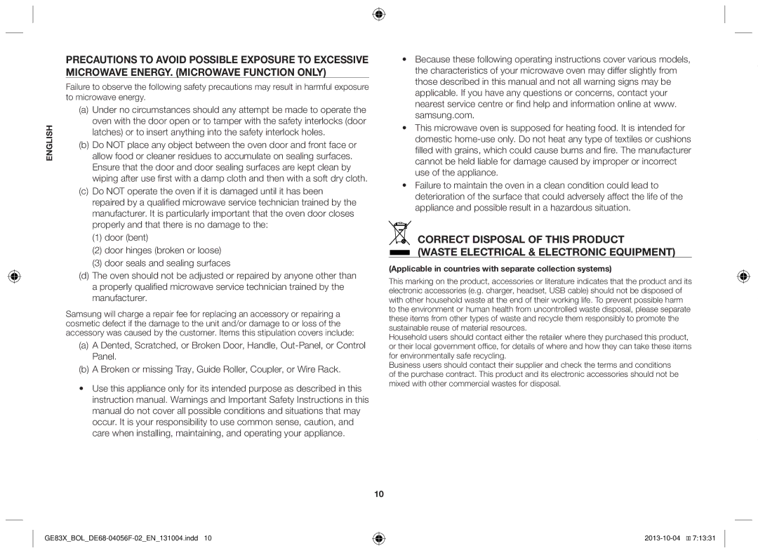 Samsung GE83X/BOL manual Applicable in countries with separate collection systems 