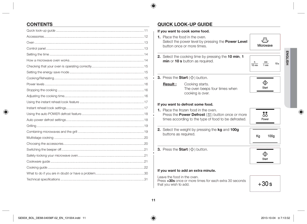 Samsung GE83X/BOL manual Contents, Quick look-up guide 