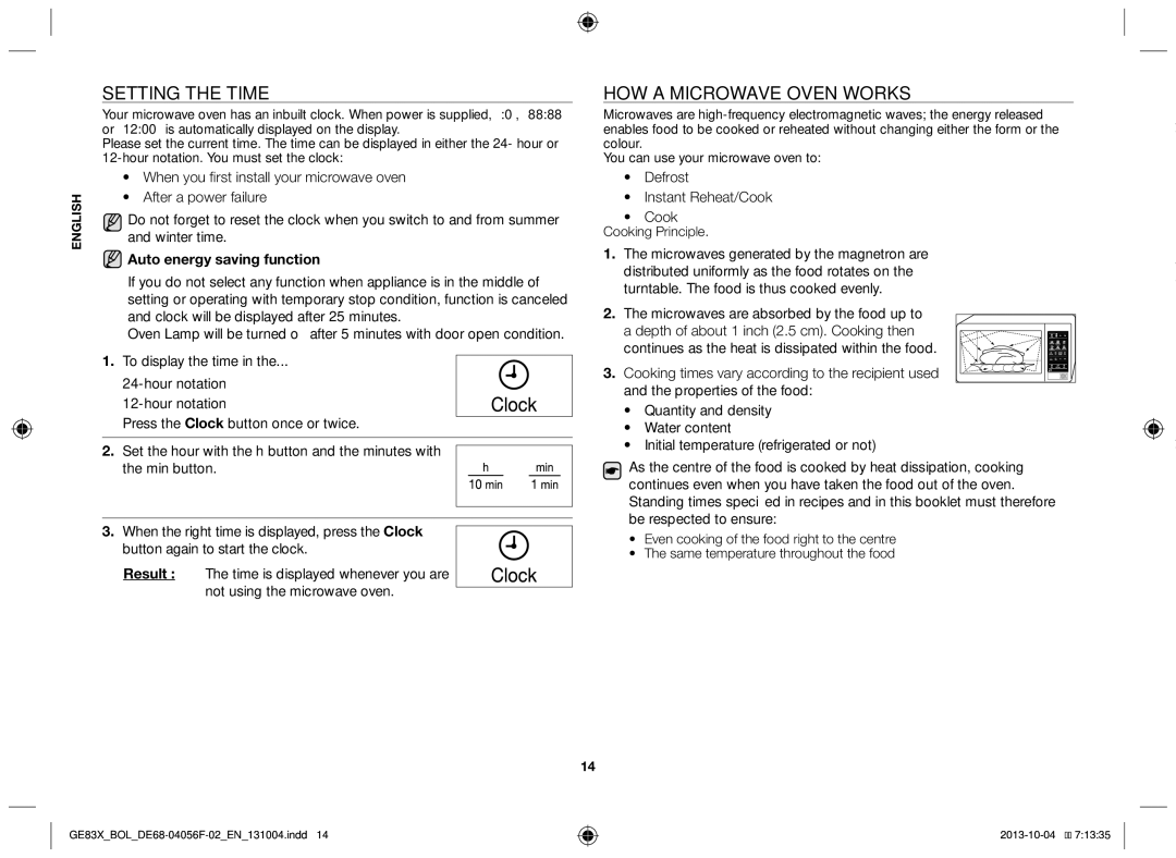 Samsung GE83X/BOL Setting the time, How a microwave oven works, Auto energy saving function, Defrost Instant Reheat/Cook 