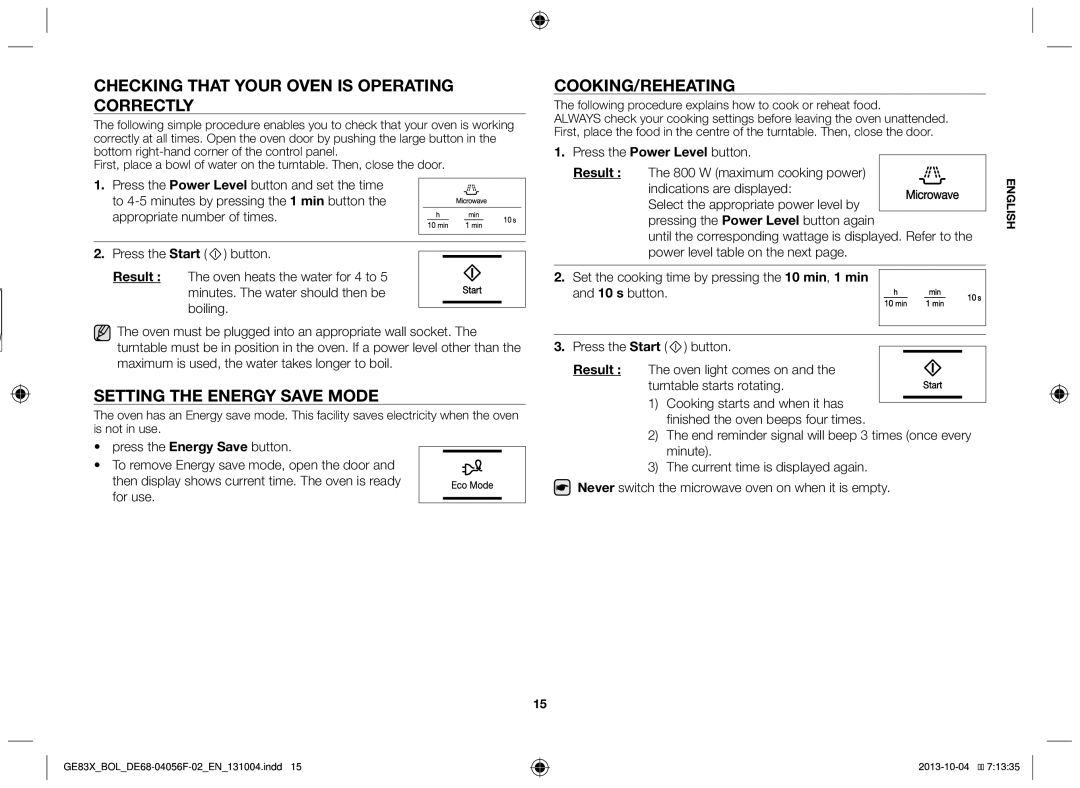 Samsung GE83X/BOL manual Checking that your oven is operating correctly, Setting the energy save mode, Cooking/Reheating 