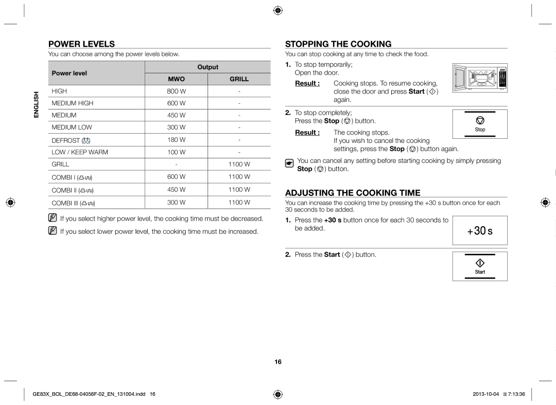 Samsung GE83X/BOL manual Power levels, Stopping the cooking, Adjusting the cooking time, Result, Output 