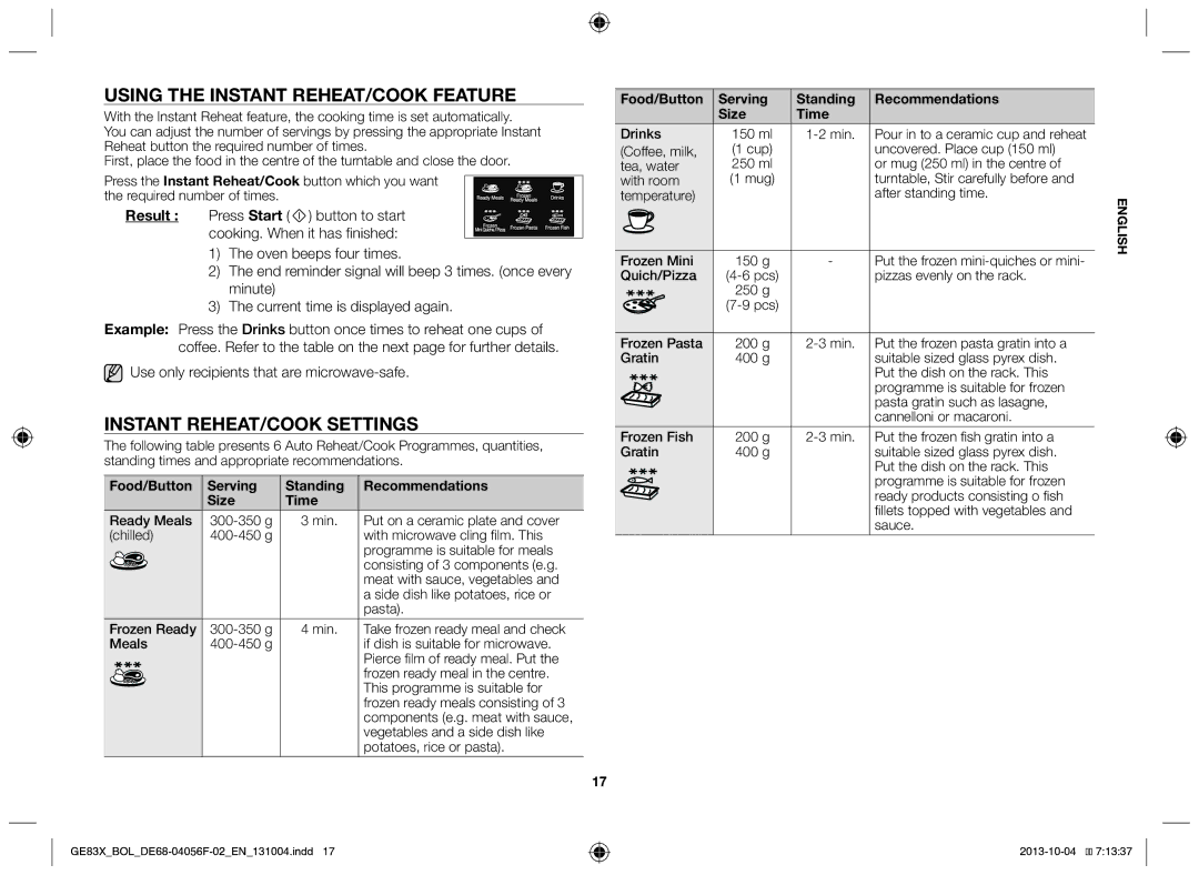 Samsung GE83X/BOL manual Using the instant reheat/cook feature, Instant reheat/cook settings 