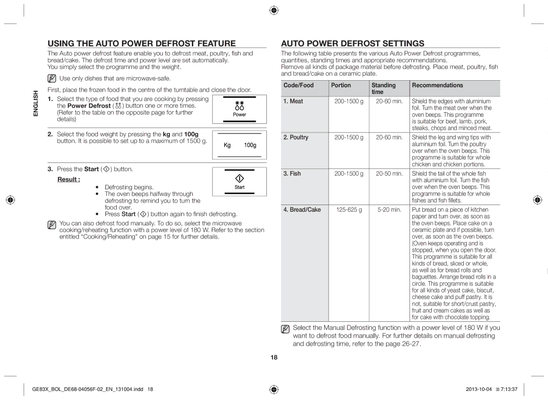 Samsung GE83X/BOL manual Using the auto Power defrost feature, Auto power defrost settings, Result 