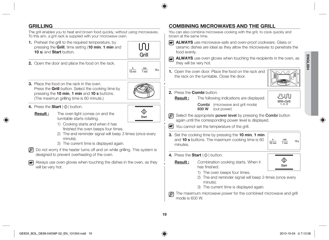 Samsung GE83X/BOL manual Grilling, Combining microwaves and the grill, Combi microwave and grill mode 600 W out power 