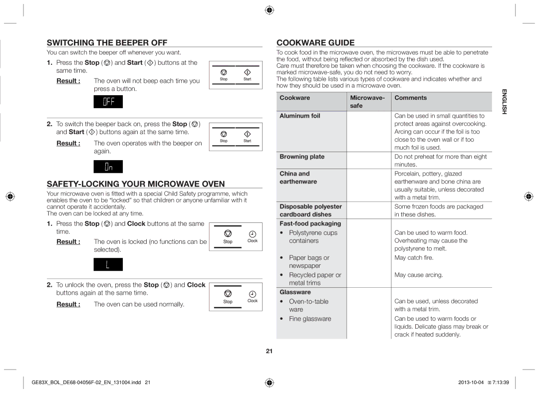 Samsung GE83X/BOL manual Switching the beeper off, Safety-locking your microwave oven, Cookware guide 