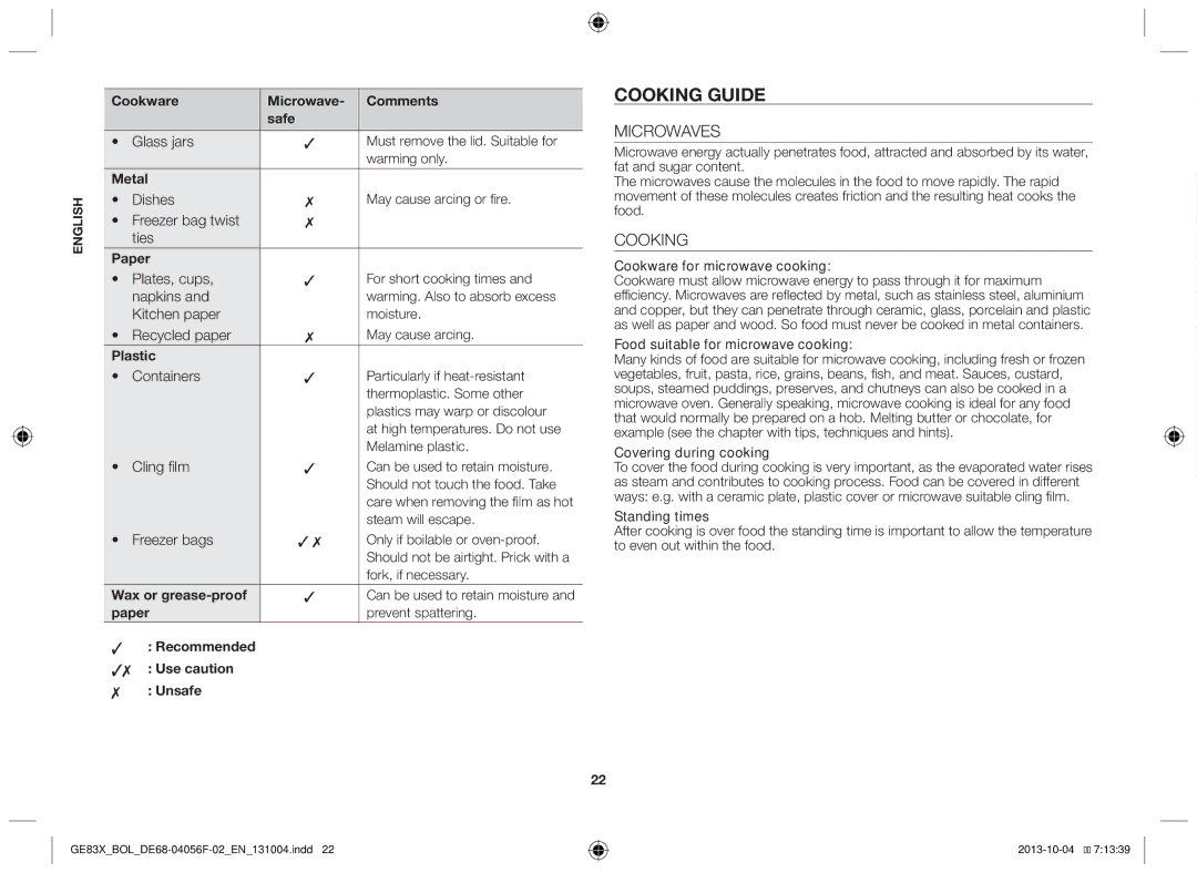 Samsung GE83X/BOL manual Cooking guide, Microwaves 