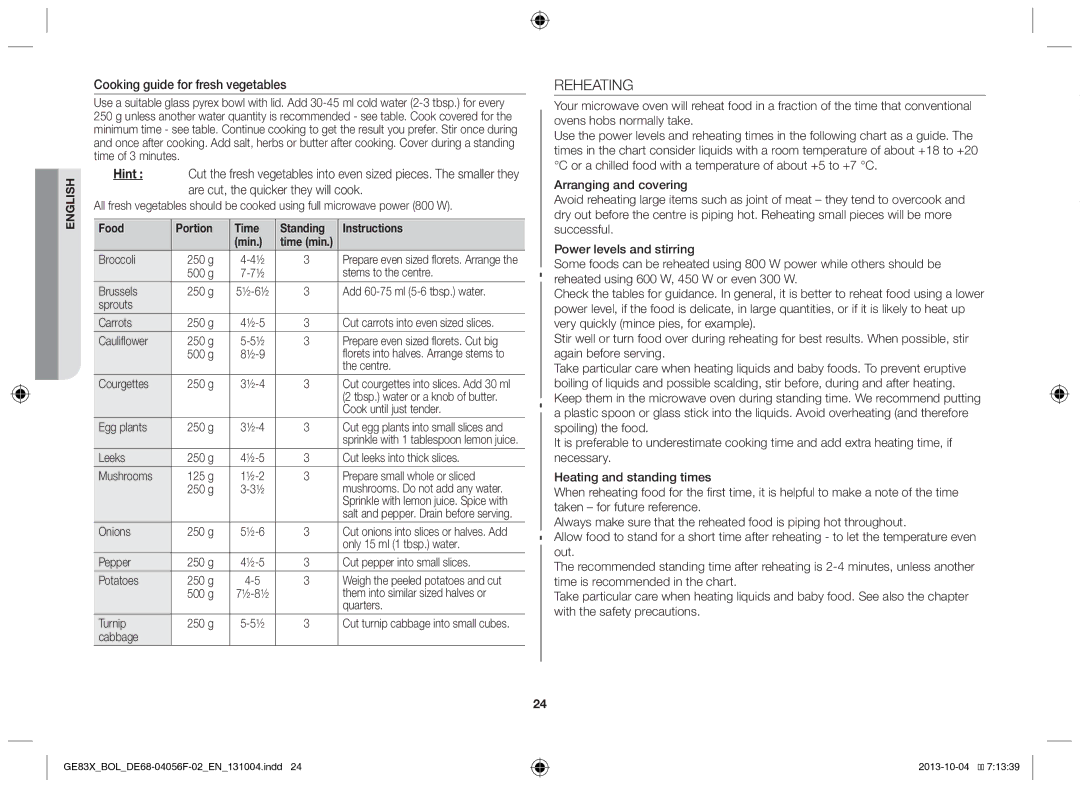 Samsung GE83X/BOL manual Reheating, Cooking guide for fresh vegetables, Food Portion Time Standing Instructions Min 